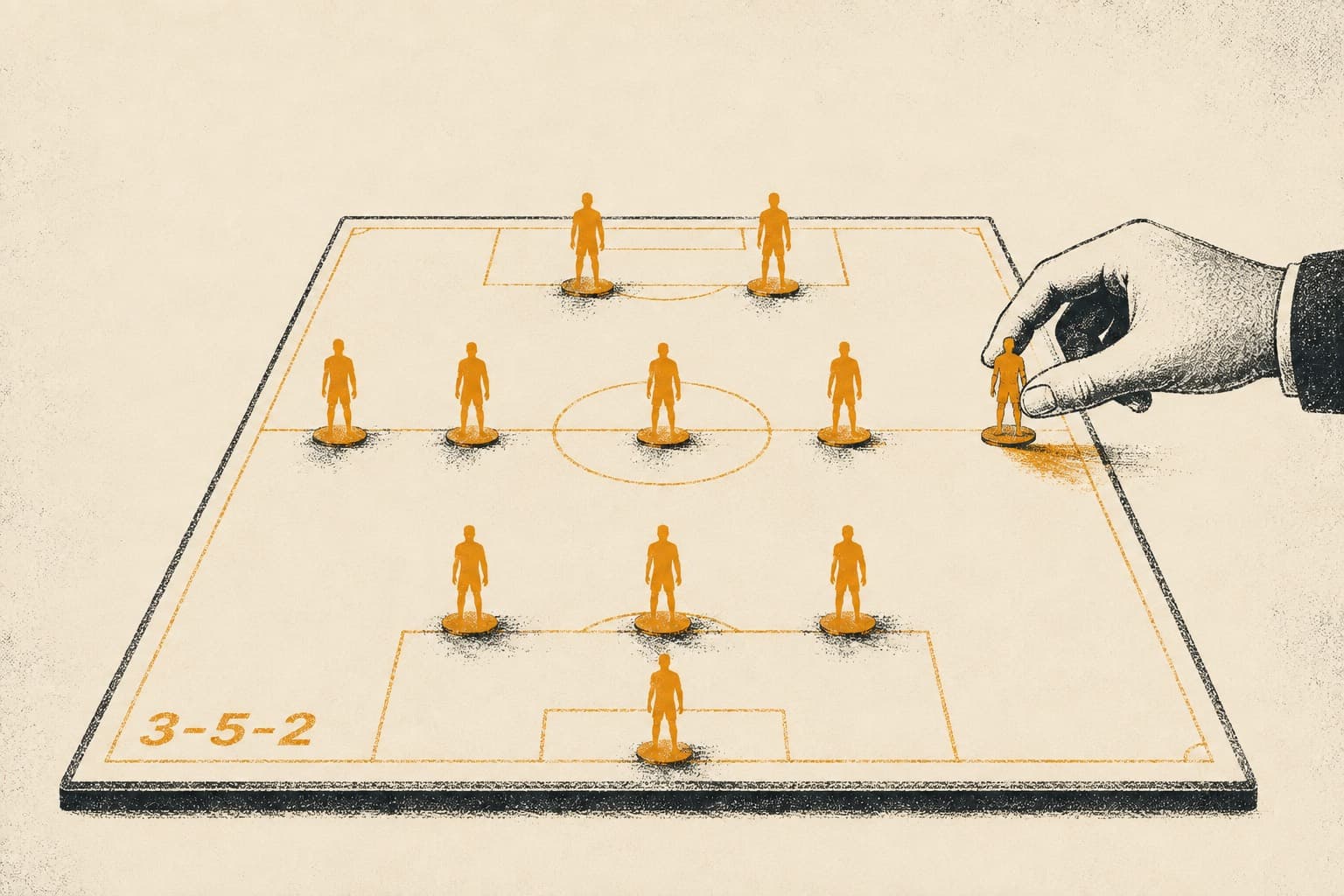 A hand places the final orange-kit figure into a 3-5-2 formation on a cream tactics board in a textured silkscreen print.