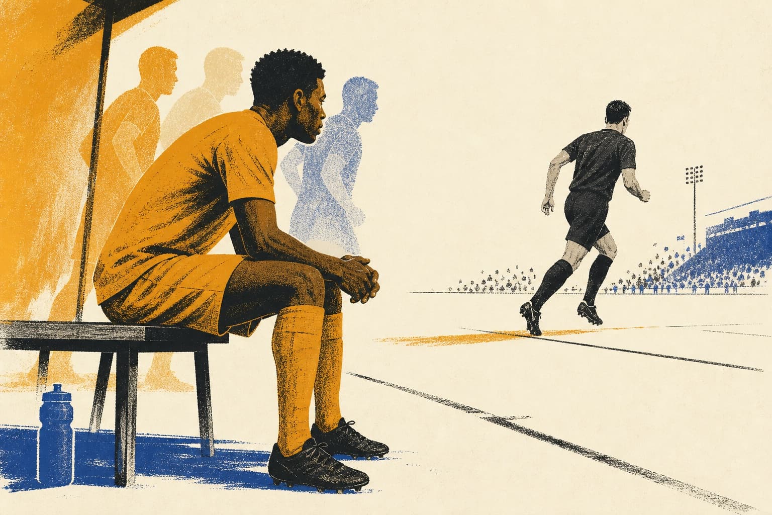 An orange-kit player waits on a sideline bench while a black-kit player enters the pitch in a textured silkscreen print.