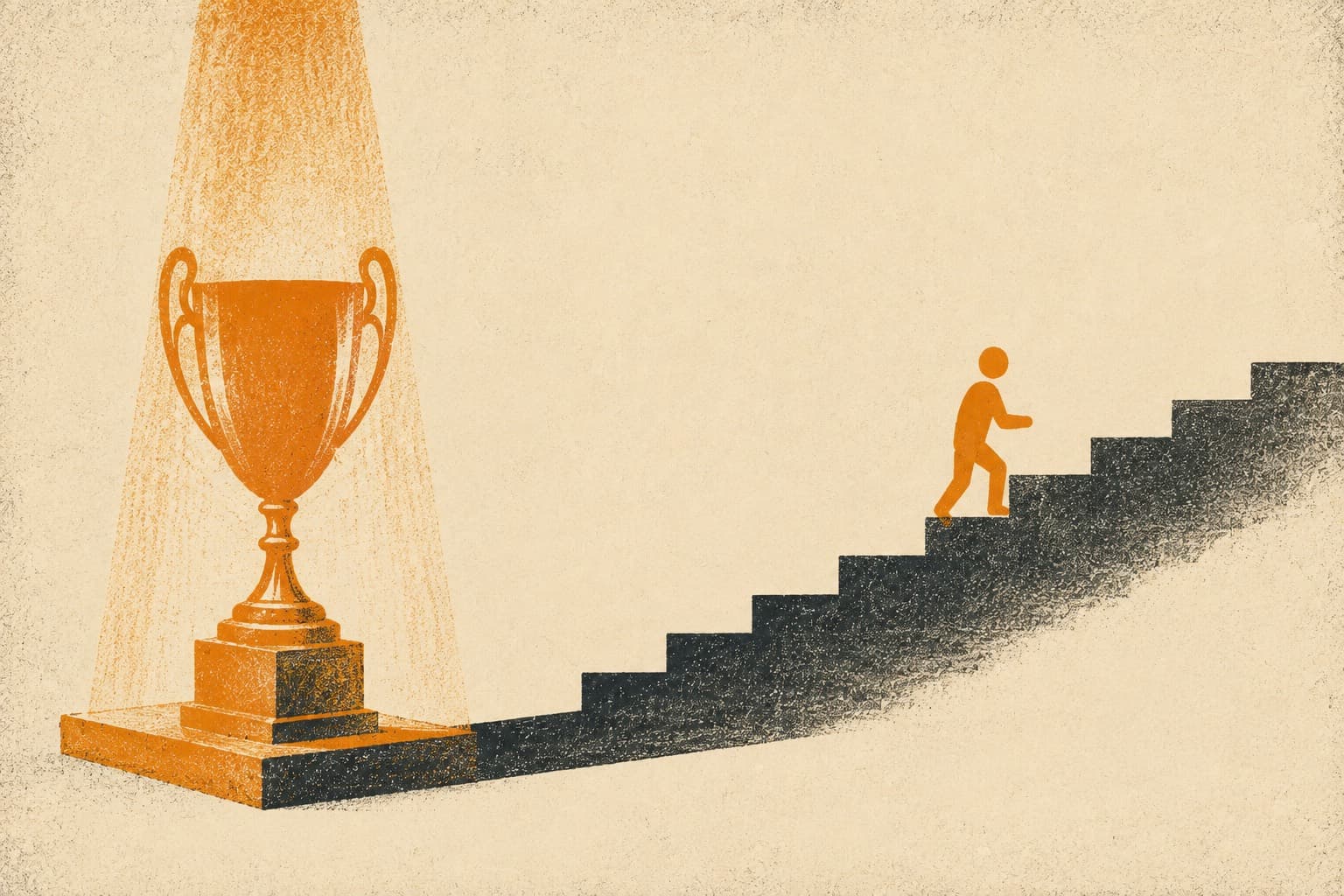 A spotlit orange trophy casts a shadow shaped like a staircase, which a small orange figure climbs away from it, in a textured silkscreen print.
