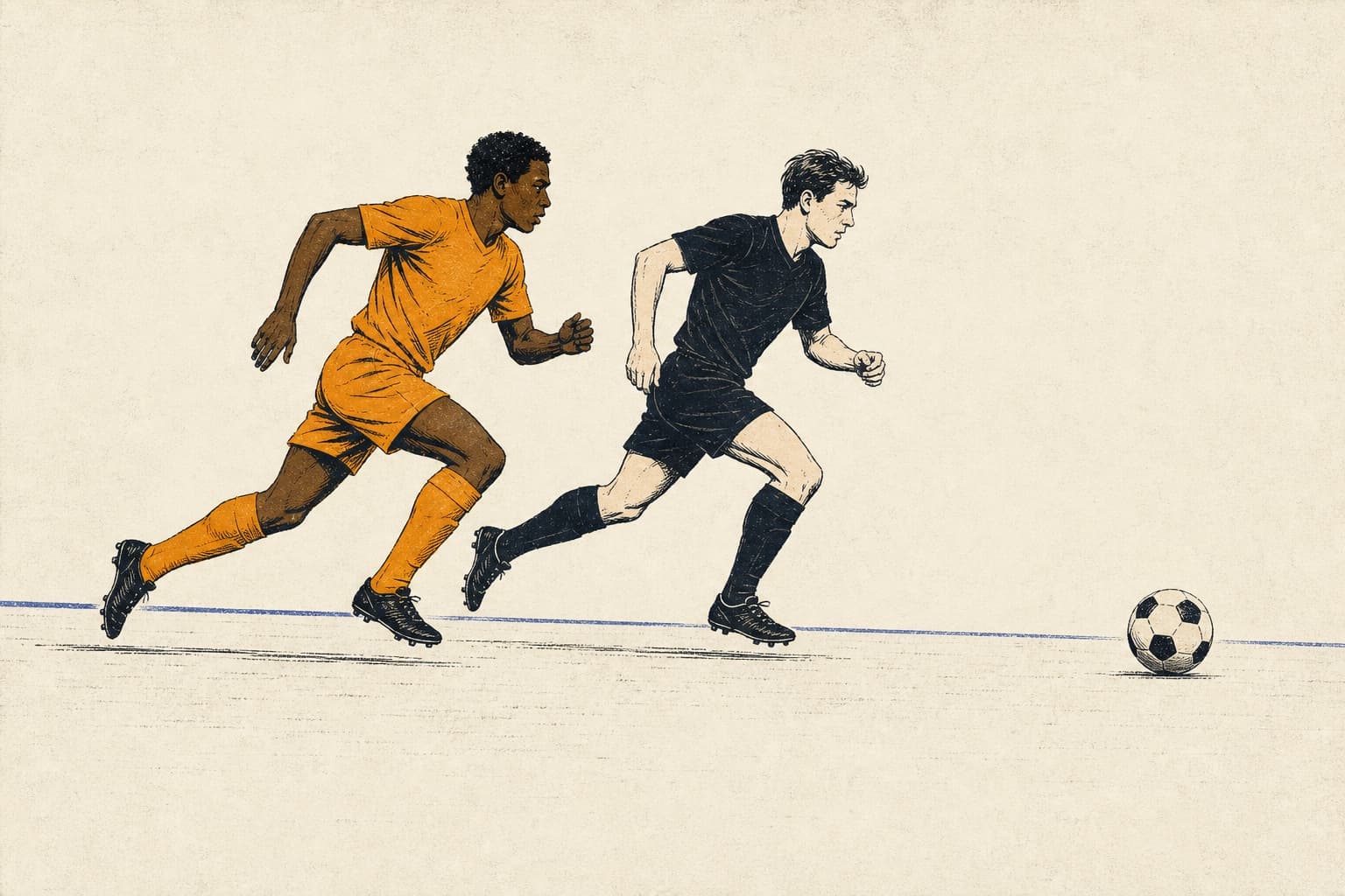 An orange-kit and a black-kit footballer run side by side toward the same ball in a restrained silkscreen illustration.