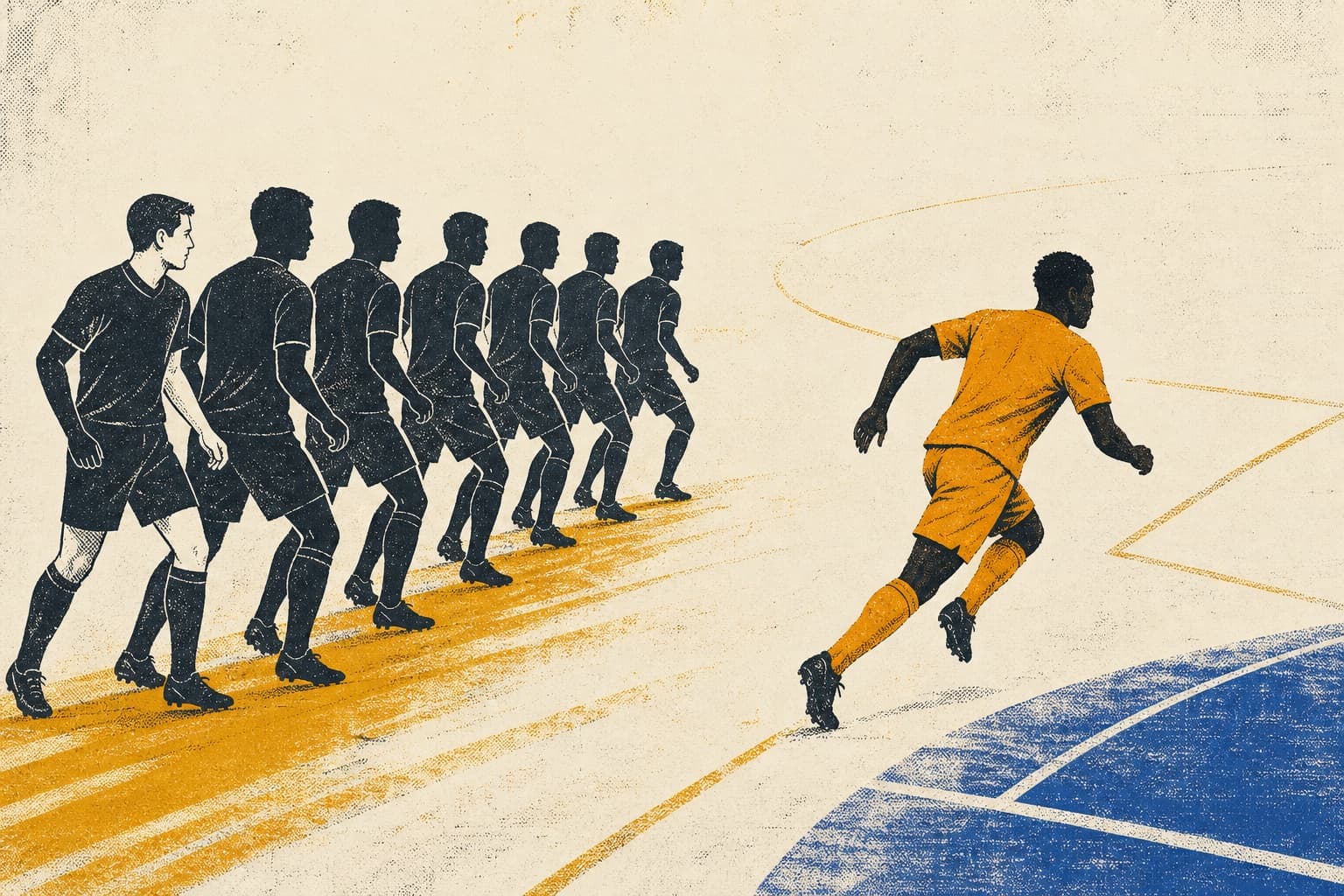 An orange-kit footballer runs into space away from a line of black-kit players in a textured silkscreen print.