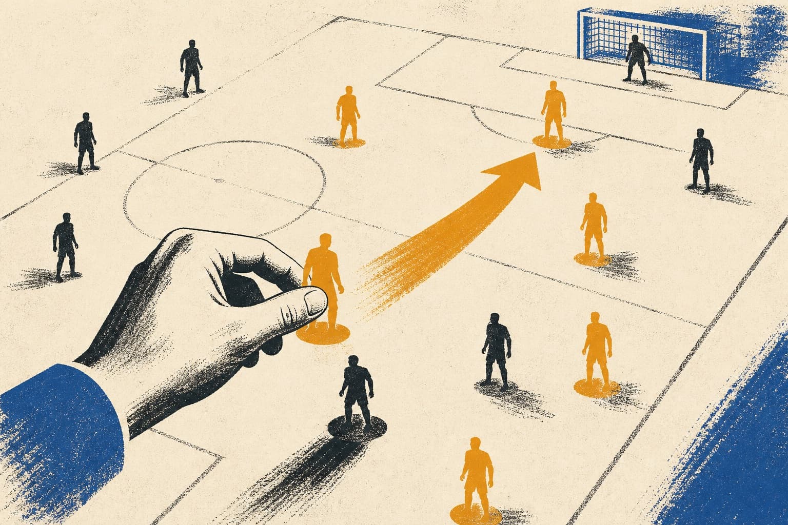 A hand moves an orange football figure through a tactical formation in a textured silkscreen illustration.