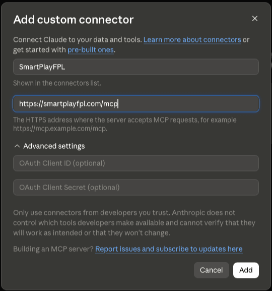 The Add custom connector dialog, with the name SmartPlayFPL and the address https://smartplayfpl.com/mcp filled in.