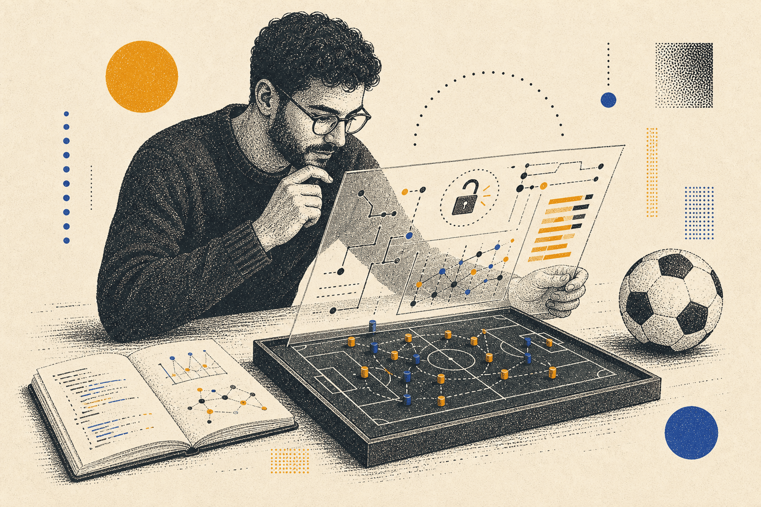 Risograph-style illustration of a football analyst inspecting an open model blueprint above a tactics board