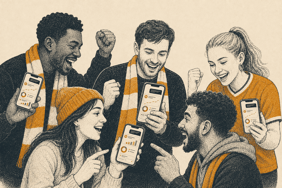 Illustration of six football fans laughing and pointing at the SmartPlay charts on each other's phones.