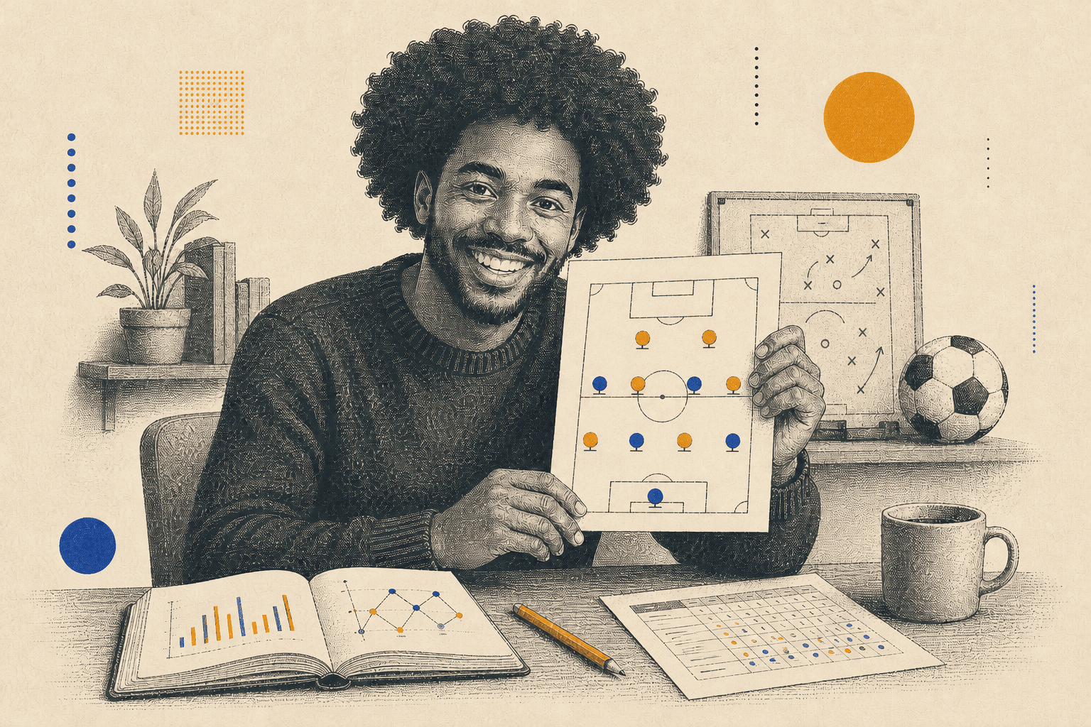 Risograph-style illustration of a friendly Black fantasy football manager with large curls showing his squad plan